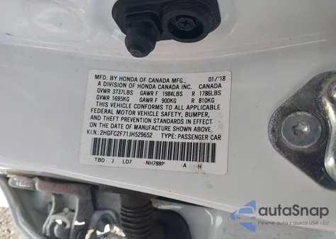 2018 Honda Civic Ex z USA, uszkodzony, nr VIN 2HGFC2F71JH529652